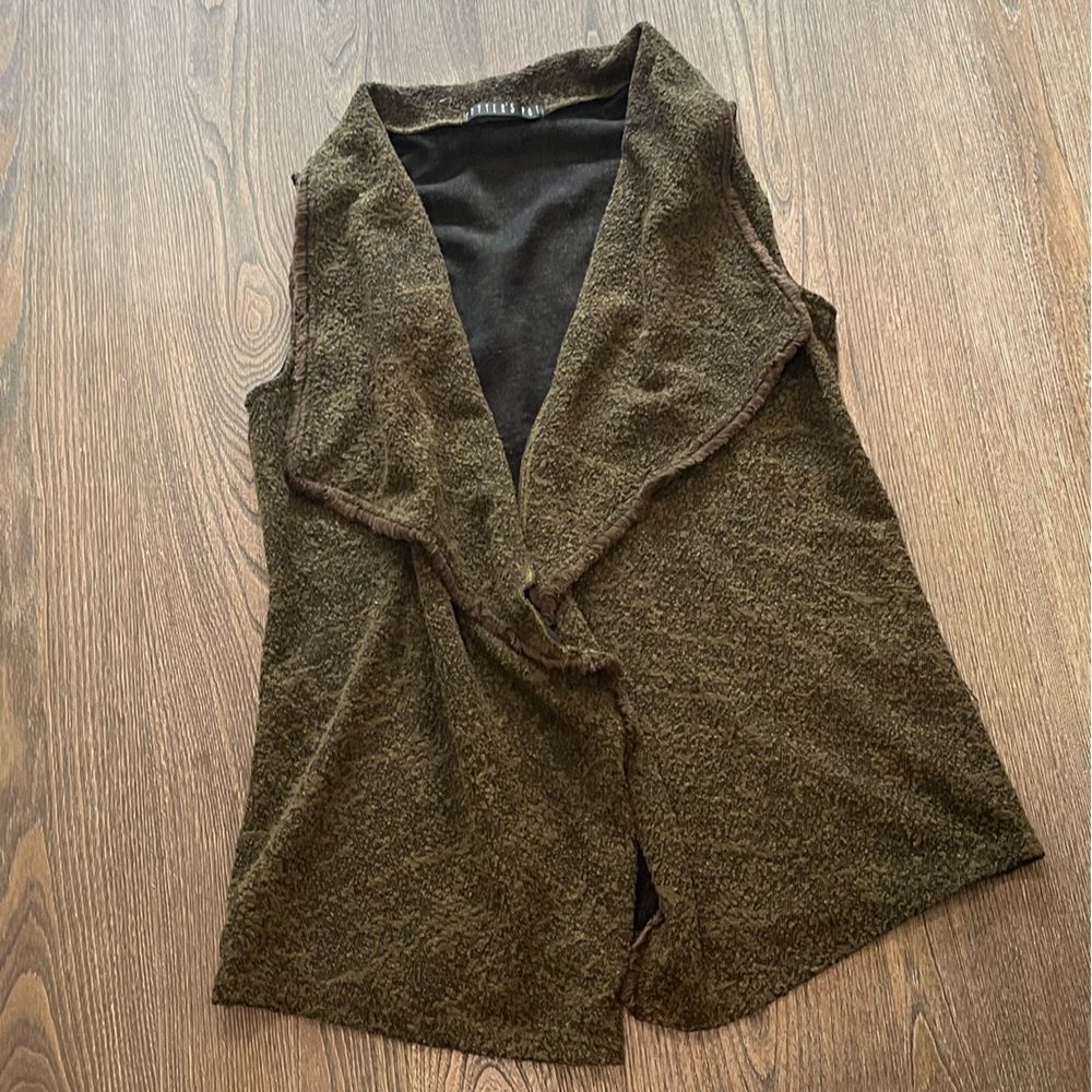 Potters Pot Green Black Sleeveless Open Front Shawl Vest Size S